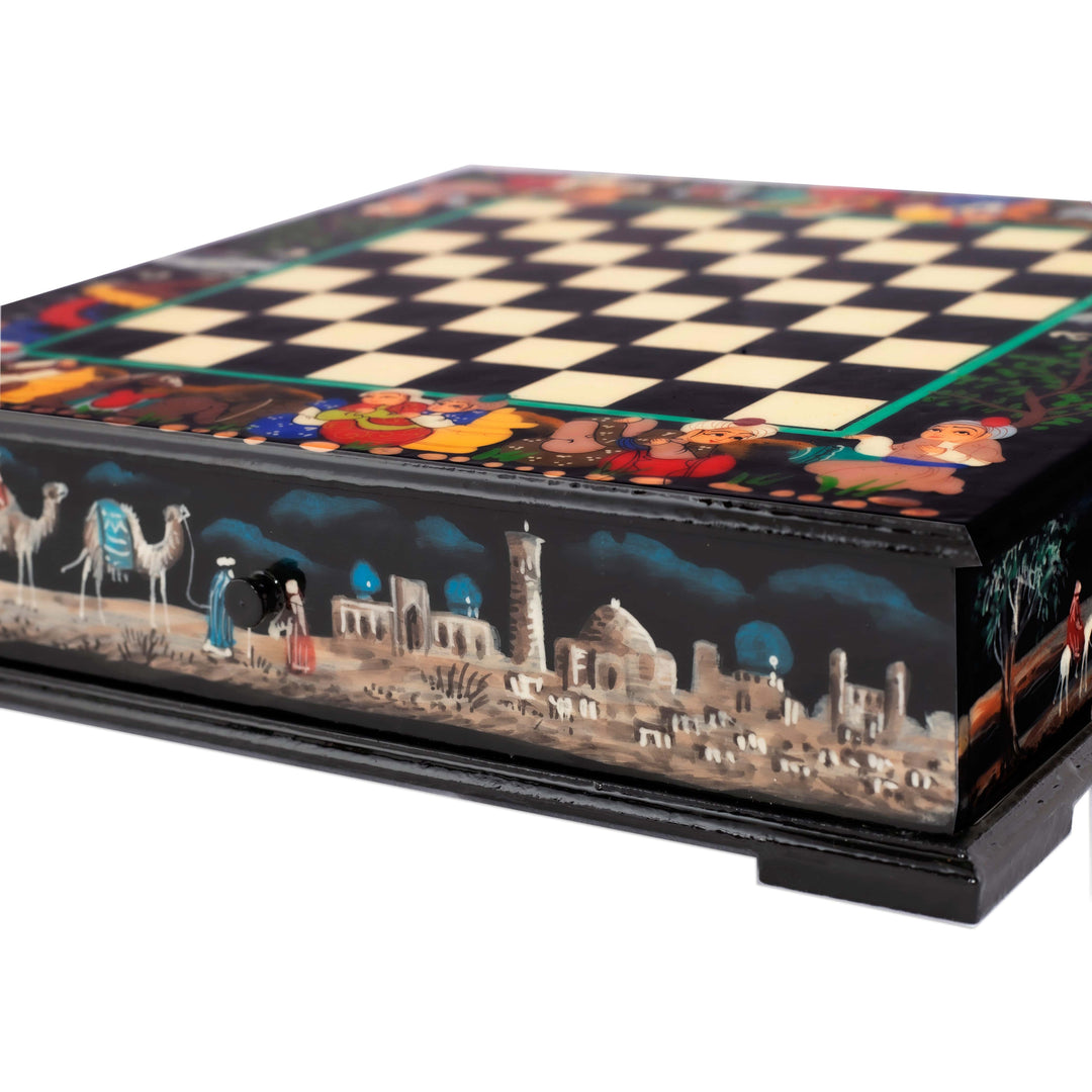 Handcrafted Painted Traditional Walnut Wood Chess Set - Midnight in Bukhara