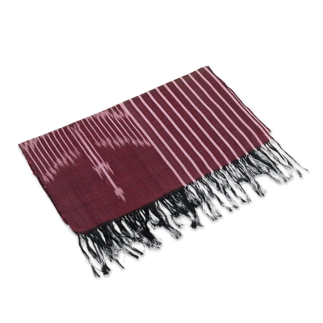Hand-Woven Fringed Cotton Ikat Scarf in Burgundy and Pink - Fergana in Burgundy