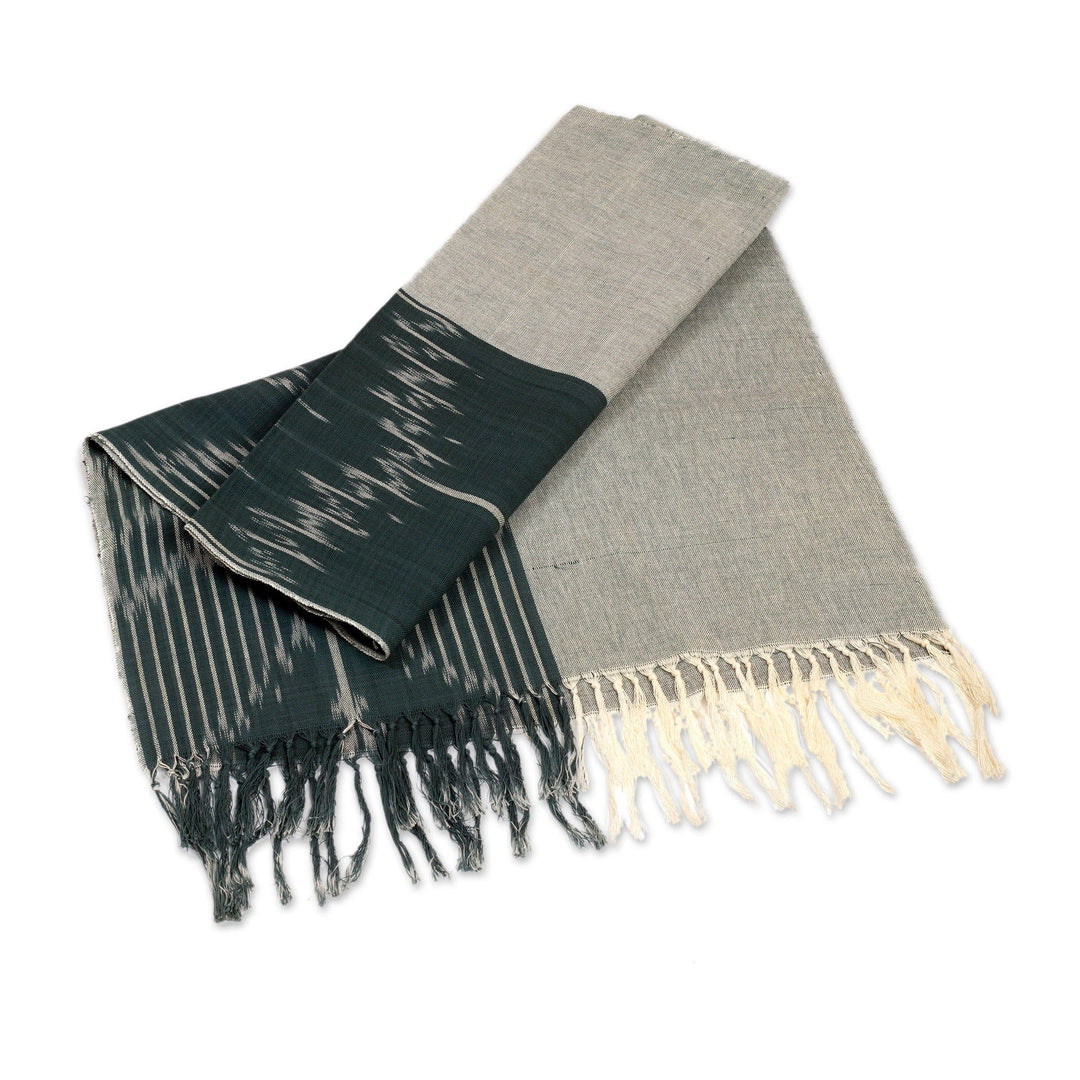 Hand-Woven Fringed Cotton Ikat Scarf in Grey and Ivory - Fergana Sky