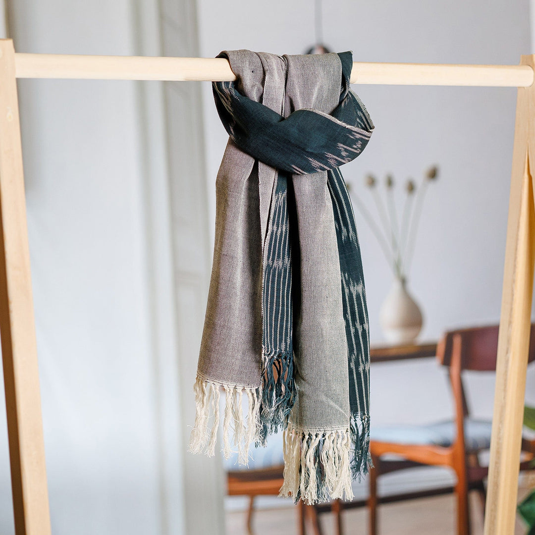 Hand-Woven Fringed Cotton Ikat Scarf in Grey and Ivory - Fergana Sky