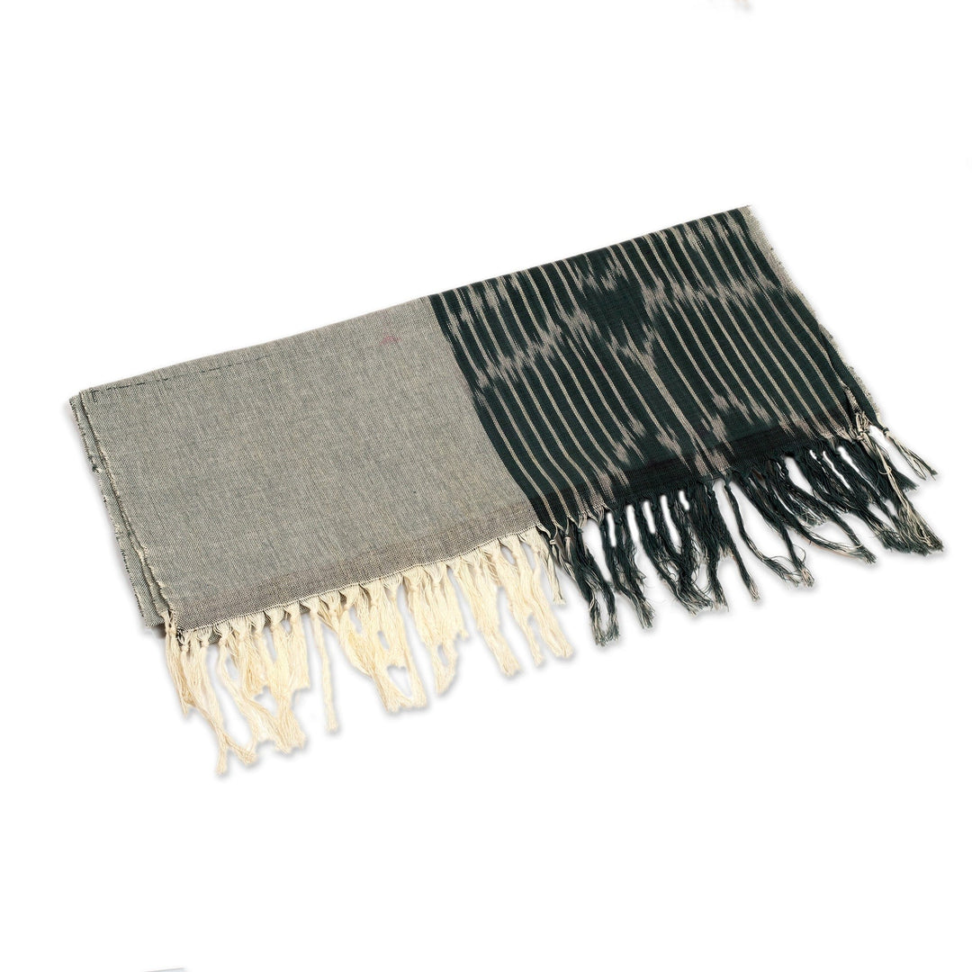 Hand-Woven Fringed Cotton Ikat Scarf in Grey and Ivory - Fergana Sky