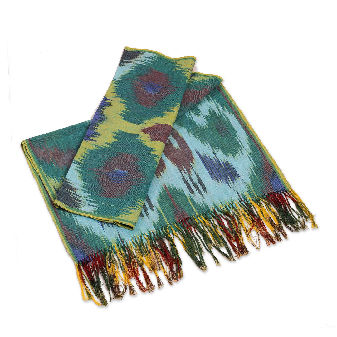 Colorful Fringed Cotton Ikat Scarf Hand-Woven in Uzbekistan - Fergana Forest
