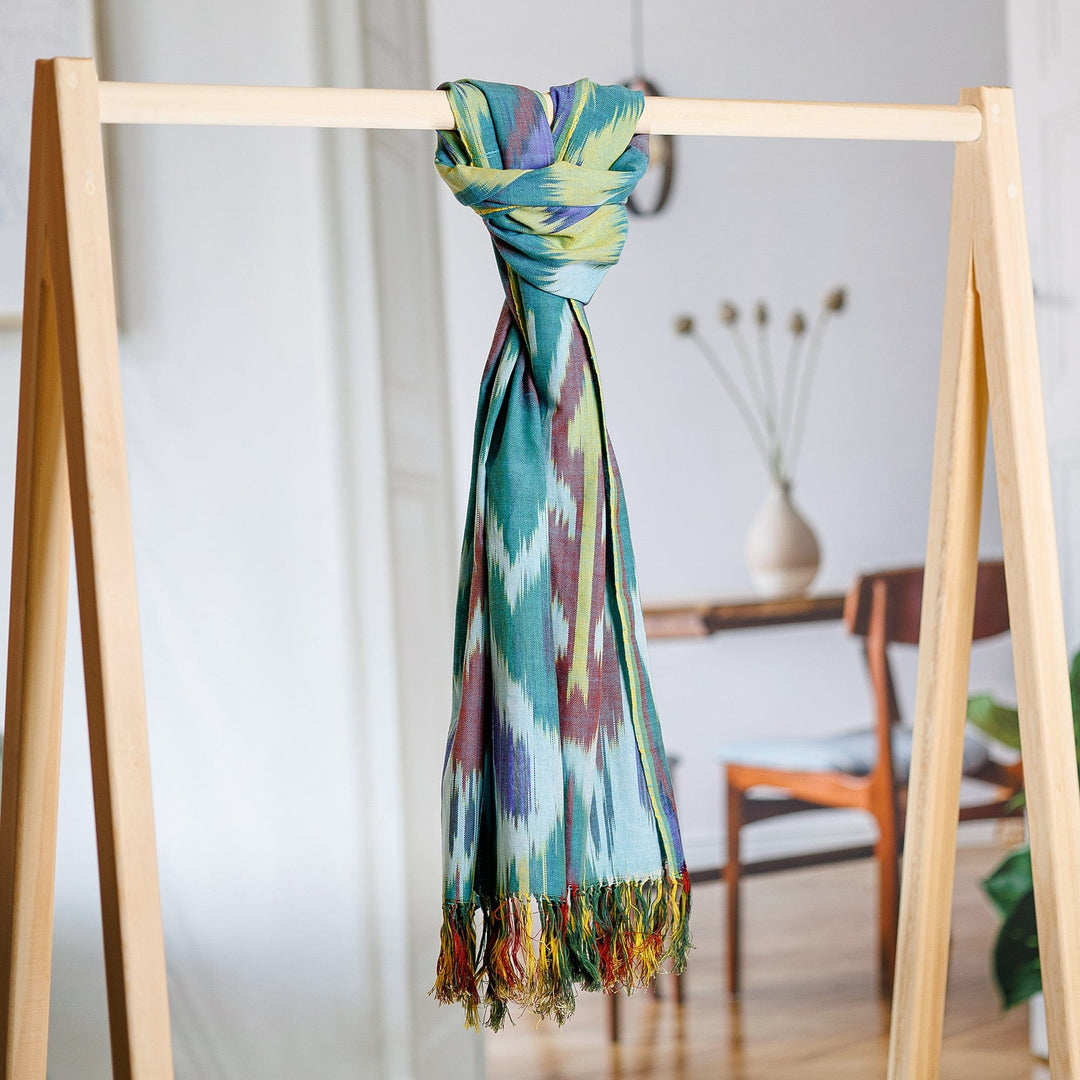 Colorful Fringed Cotton Ikat Scarf Hand-Woven in Uzbekistan - Fergana Forest