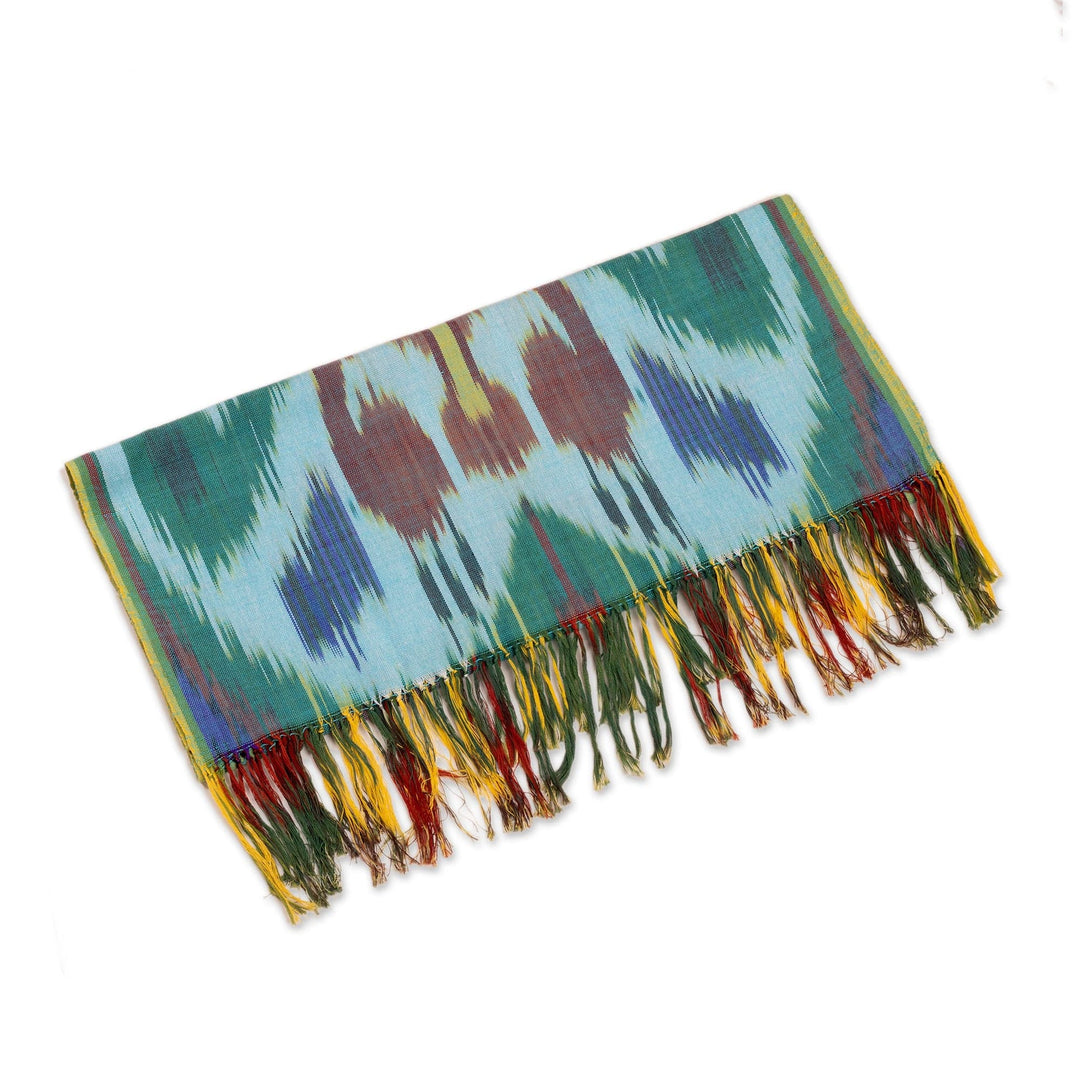 Colorful Fringed Cotton Ikat Scarf Hand-Woven in Uzbekistan - Fergana Forest
