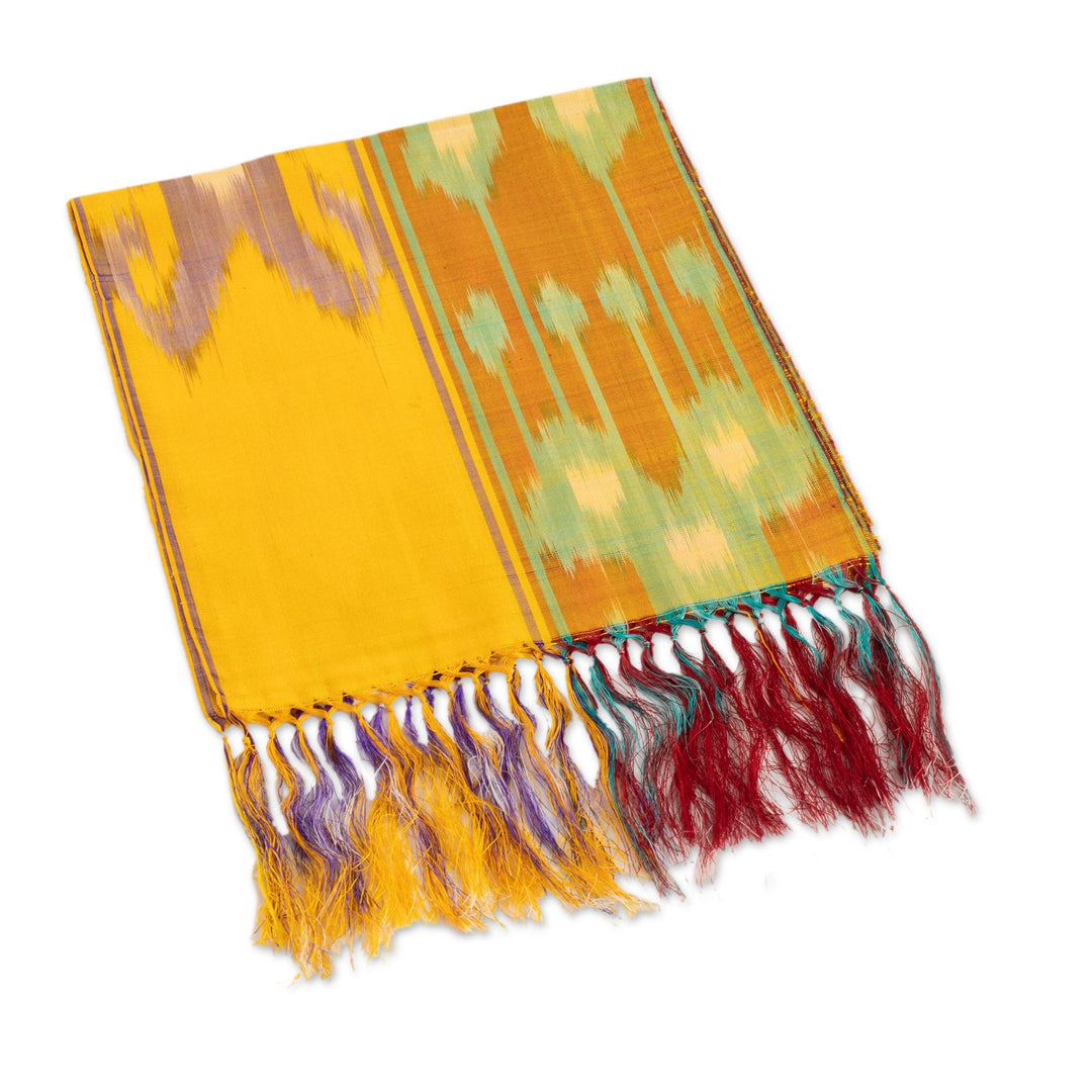 Yellow Orange Fringed Silk Ikat Scarf Handmade in Uzbekistan - Samarkand Desert