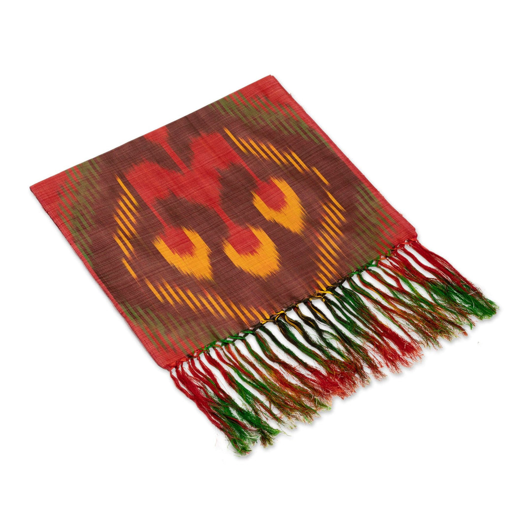 Hand-Woven Fringed Silk Ikat Scarf in Red Brown and Yellow - Samarkand Market