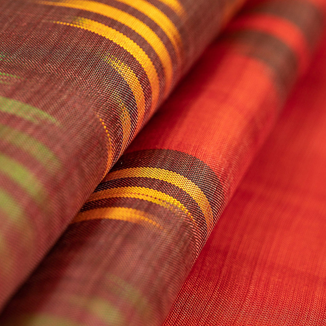 Hand-Woven Fringed Silk Ikat Scarf in Red Brown and Yellow - Samarkand Market