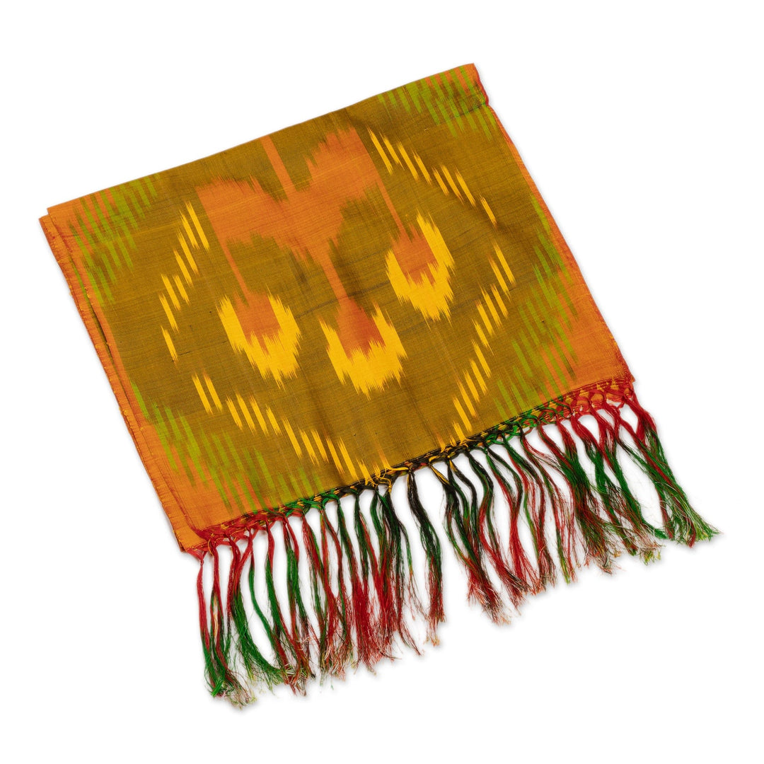 Handmade Fringed Silk Ikat Scarf in Orange Green and Yellow - Ancient Samarkand