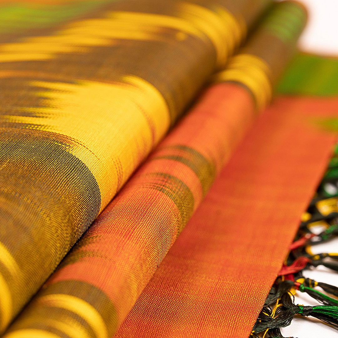 Handmade Fringed Silk Ikat Scarf in Orange Green and Yellow - Ancient Samarkand