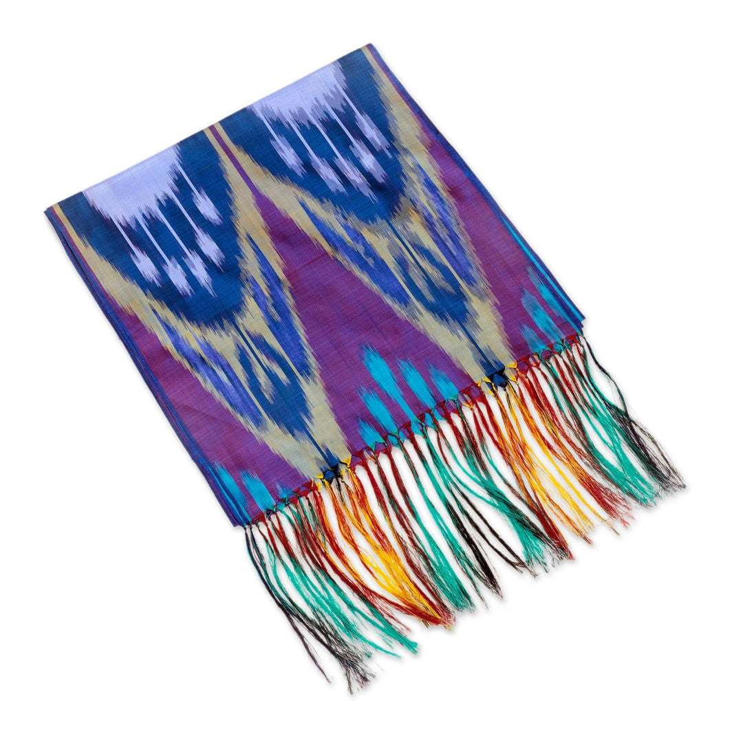 Handwoven Traditional Silk Scarf in a Cool Palette - Samarkand Stories