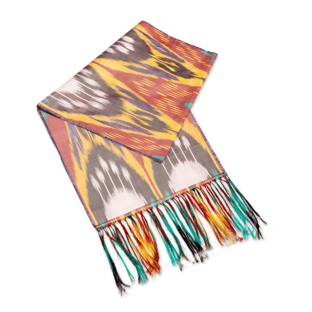 Handwoven Traditional Silk Scarf in a Warm Palette - Samarkand Renaissance in Red