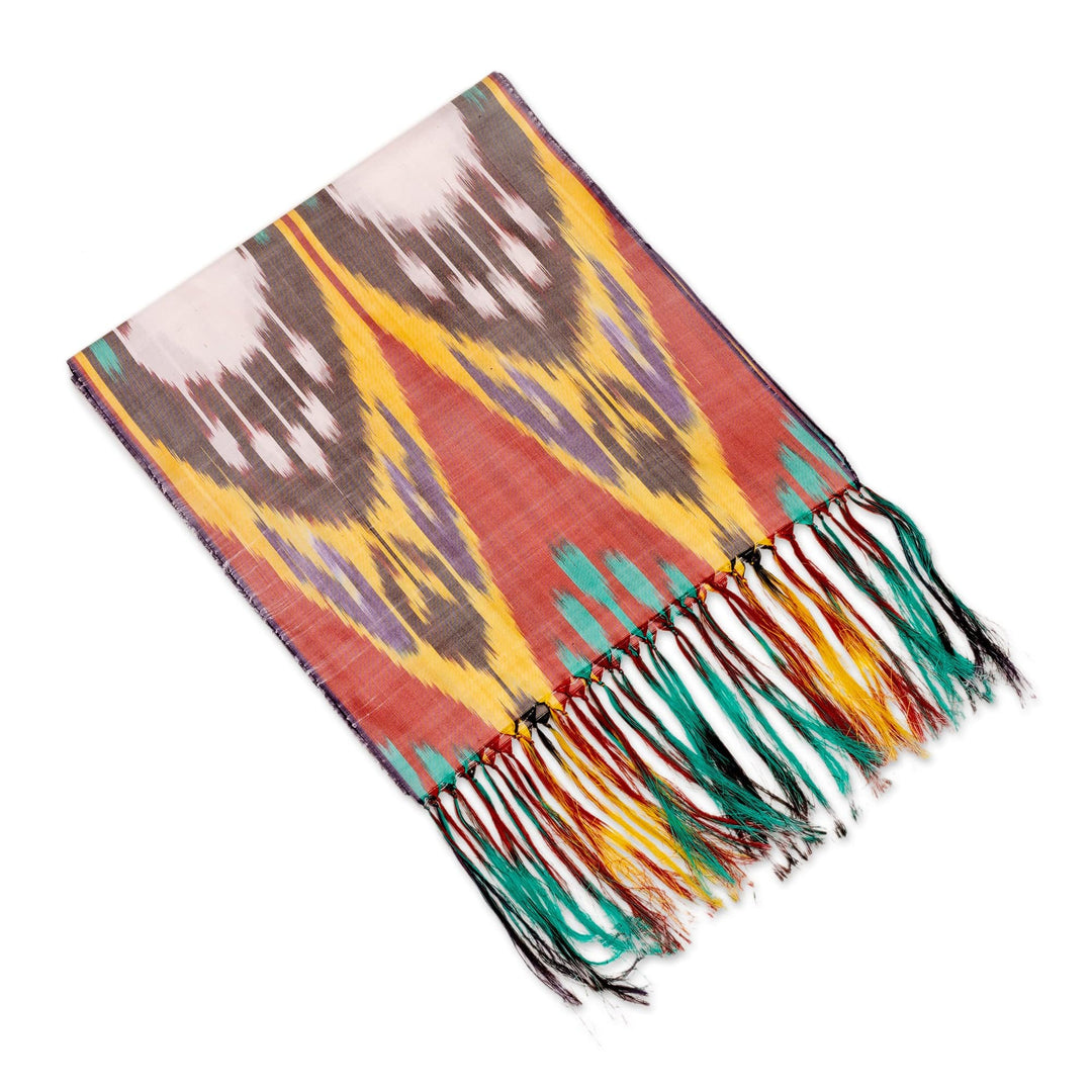 Handwoven Traditional Silk Scarf in a Warm Palette - Samarkand Renaissance in Red