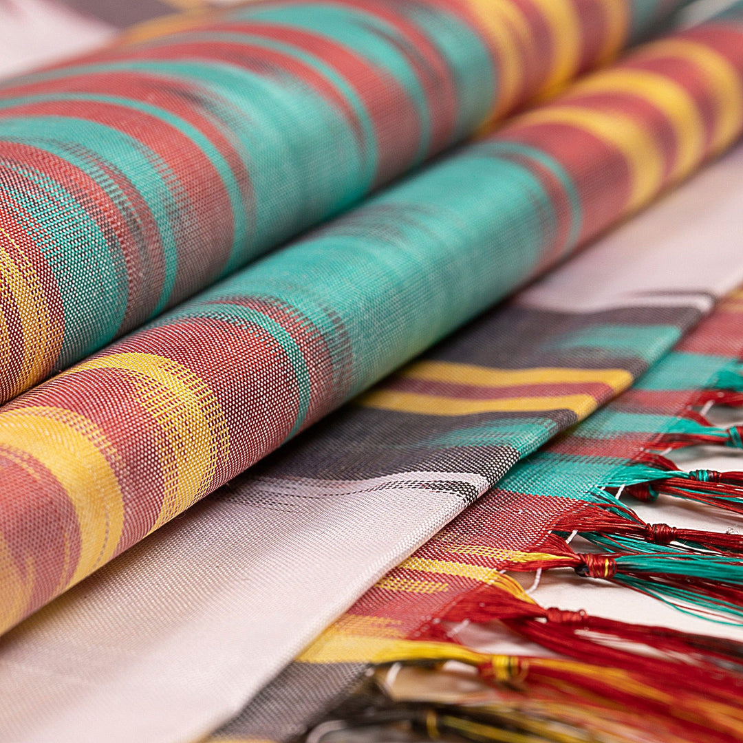 Handwoven Traditional Silk Scarf in a Warm Palette - Samarkand Renaissance in Red