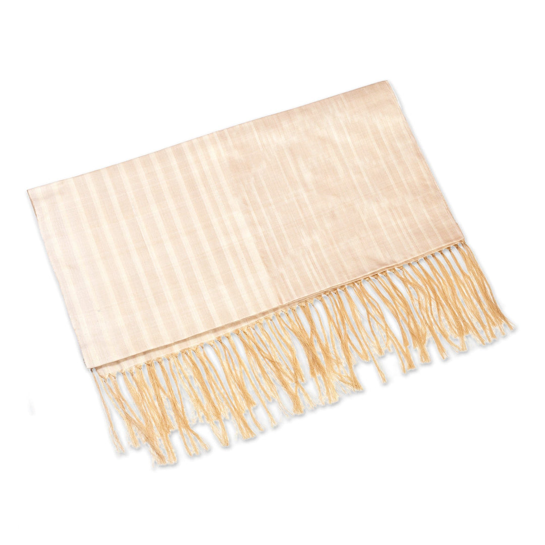 Handwoven Striped Ivory Silk Shawl with Fringes - Glory of the Desert
