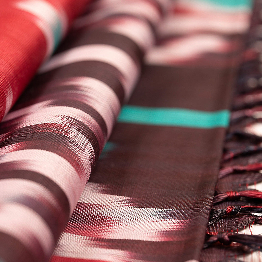 Handwoven Ikat Silk Scarf with Fringes and a Vibrant Palette - Intense Samarkand