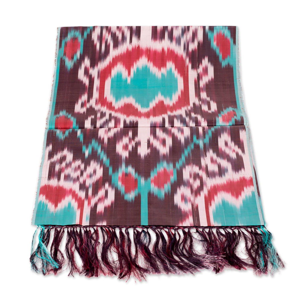 Handwoven Silk Scarf with Fringes and a Bright Palette - Serene Samarkand