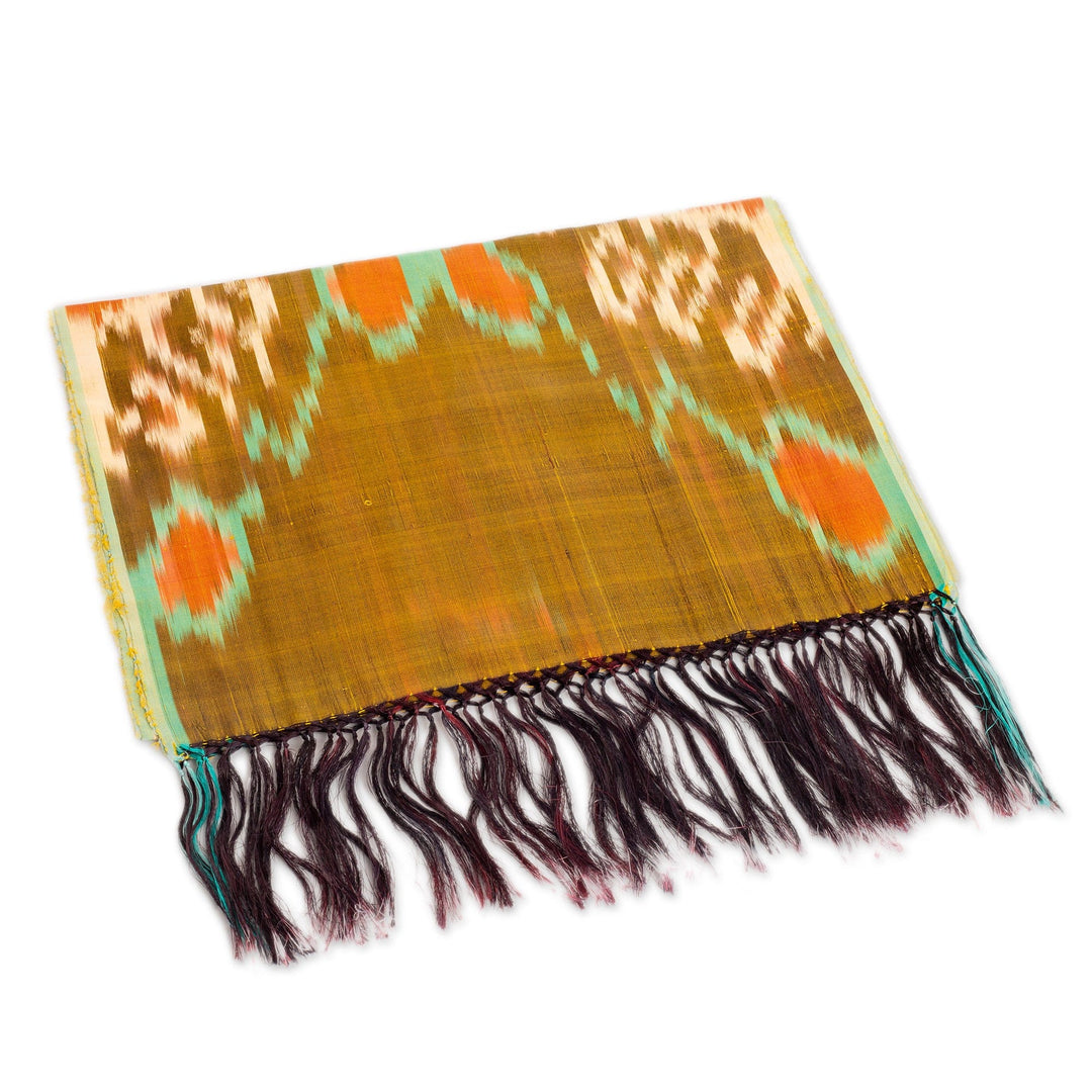 Handwoven Silk Scarf with Fringes and a Warm Palette - Warm Samarkand
