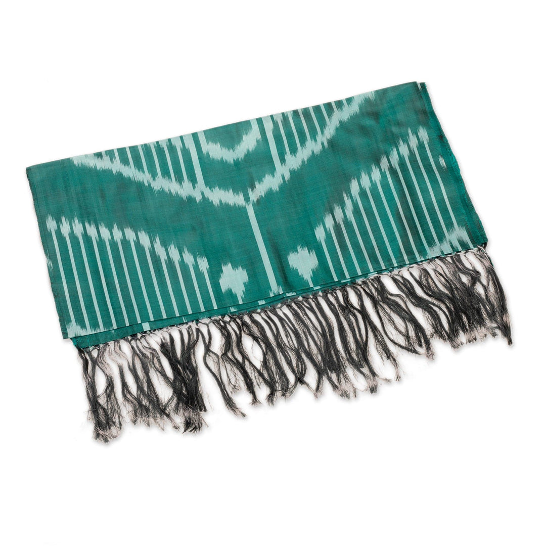 Handwoven Traditional Patterned Green Silk Shawl - Uzbekistan Waterfall in Green