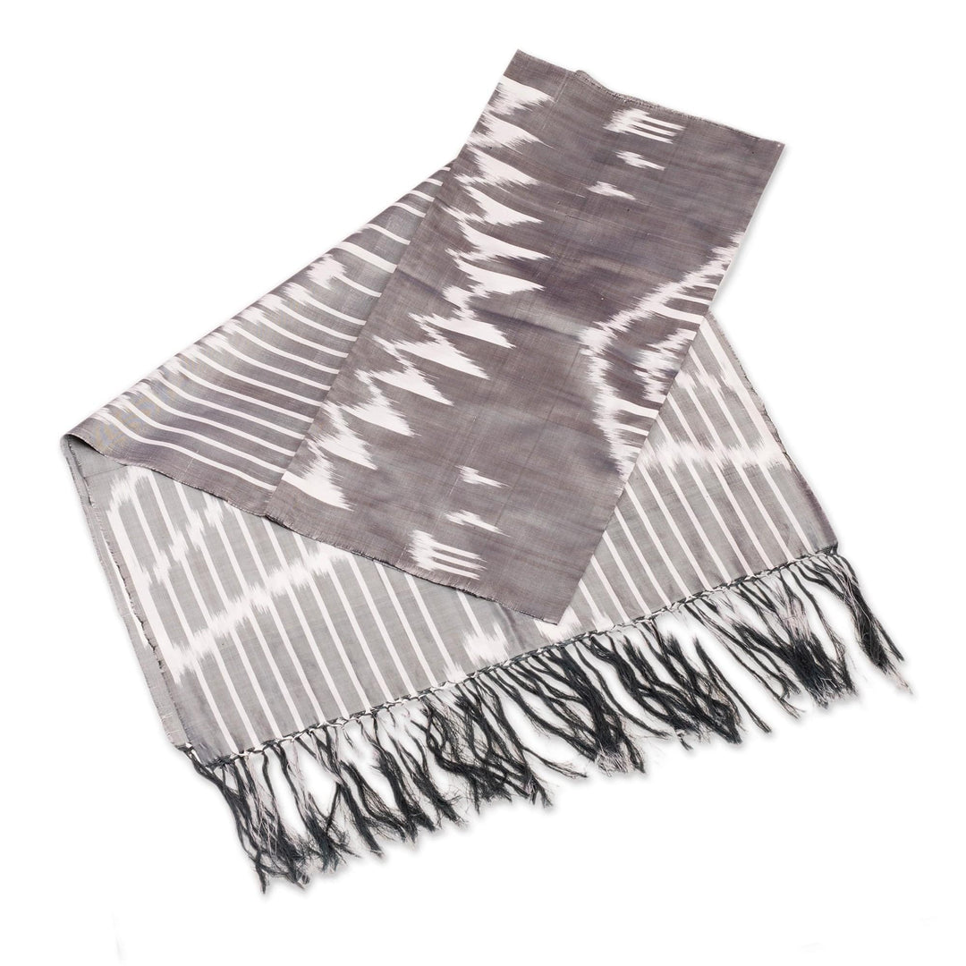 Handwoven Traditional Patterned Grey Silk Shawl - Uzbekistan Waterfall in Grey