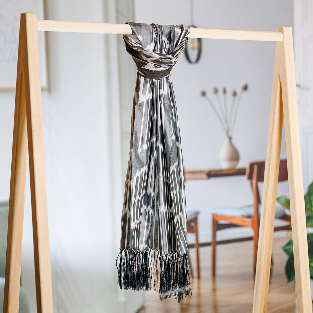 Handwoven Traditional Patterned Grey Silk Shawl - Uzbekistan Waterfall in Grey