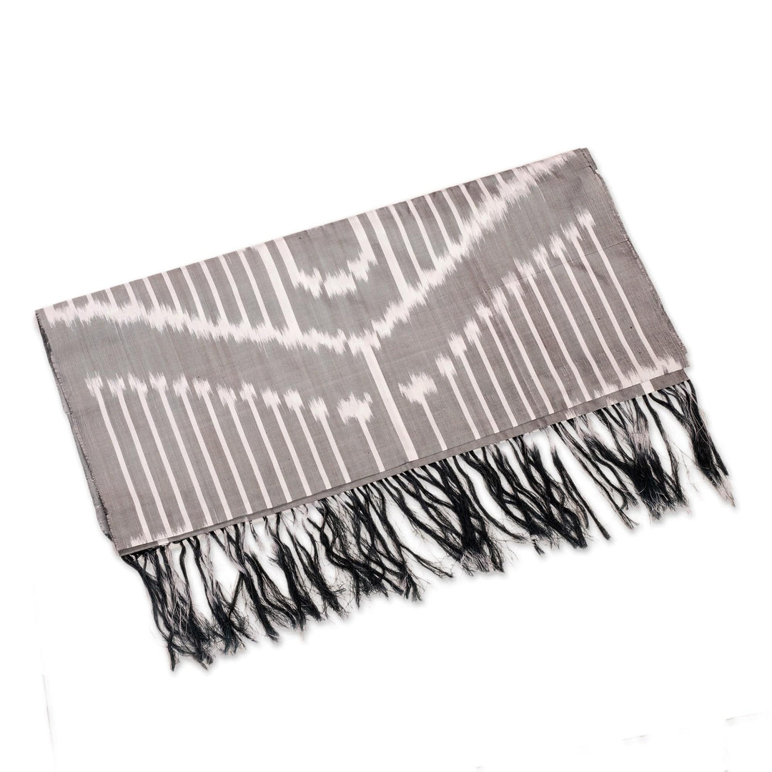 Handwoven Traditional Patterned Grey Silk Shawl - Uzbekistan Waterfall in Grey