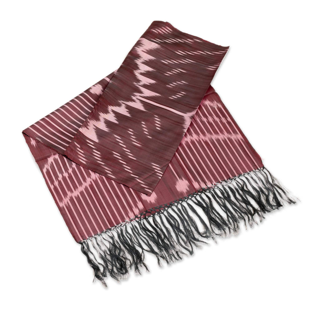 Handwoven Traditional Patterned Plum and Purple Silk Shawl - Uzbekistan Waterfall in Plum