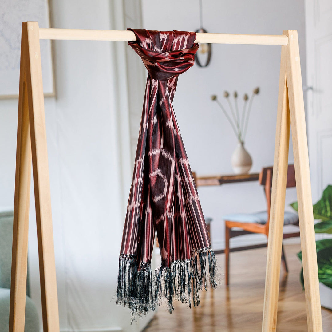 Handwoven Traditional Patterned Plum and Purple Silk Shawl - Uzbekistan Waterfall in Plum