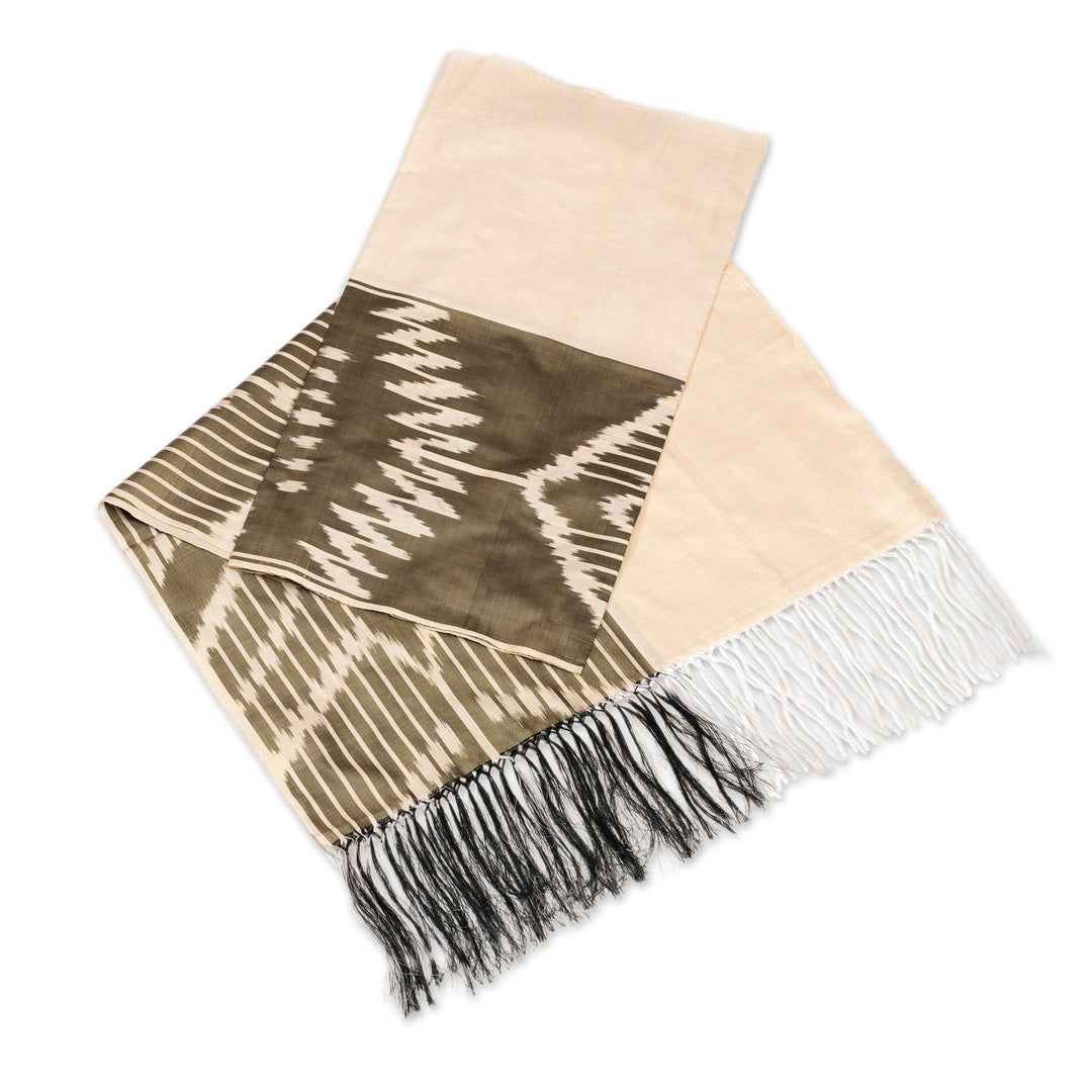 Handwoven Traditional Silk Shawl in Grey and Ivory Hues - Middle Cascade in Grey