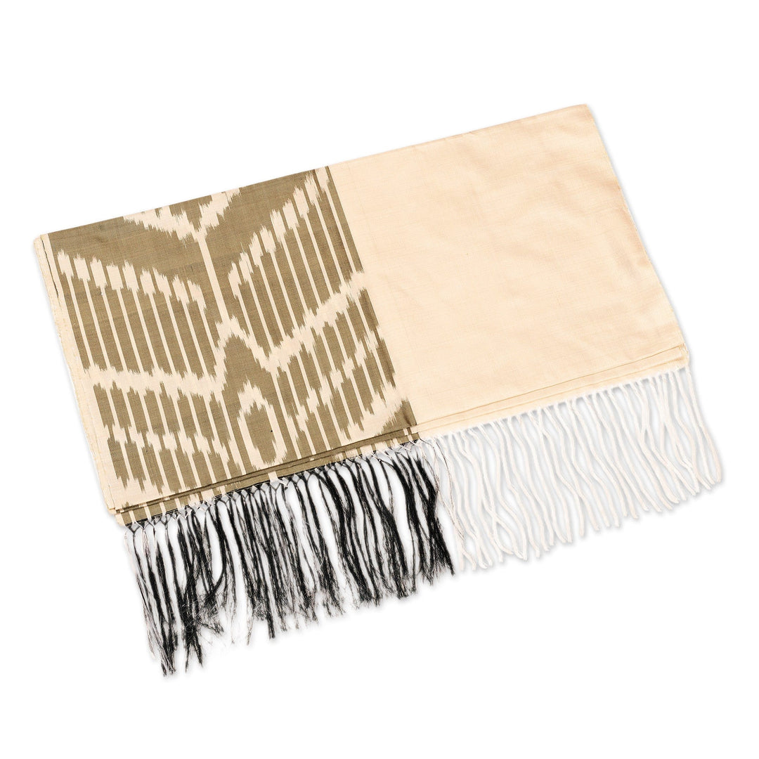 Handwoven Traditional Silk Shawl in Grey and Ivory Hues - Middle Cascade in Grey