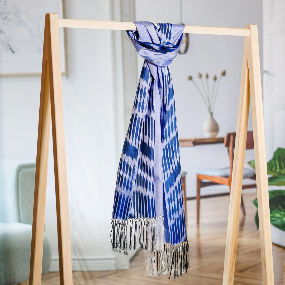 Handwoven Traditional Silk Shawl in a Palette of Blue Hues - Middle Cascade in Blue