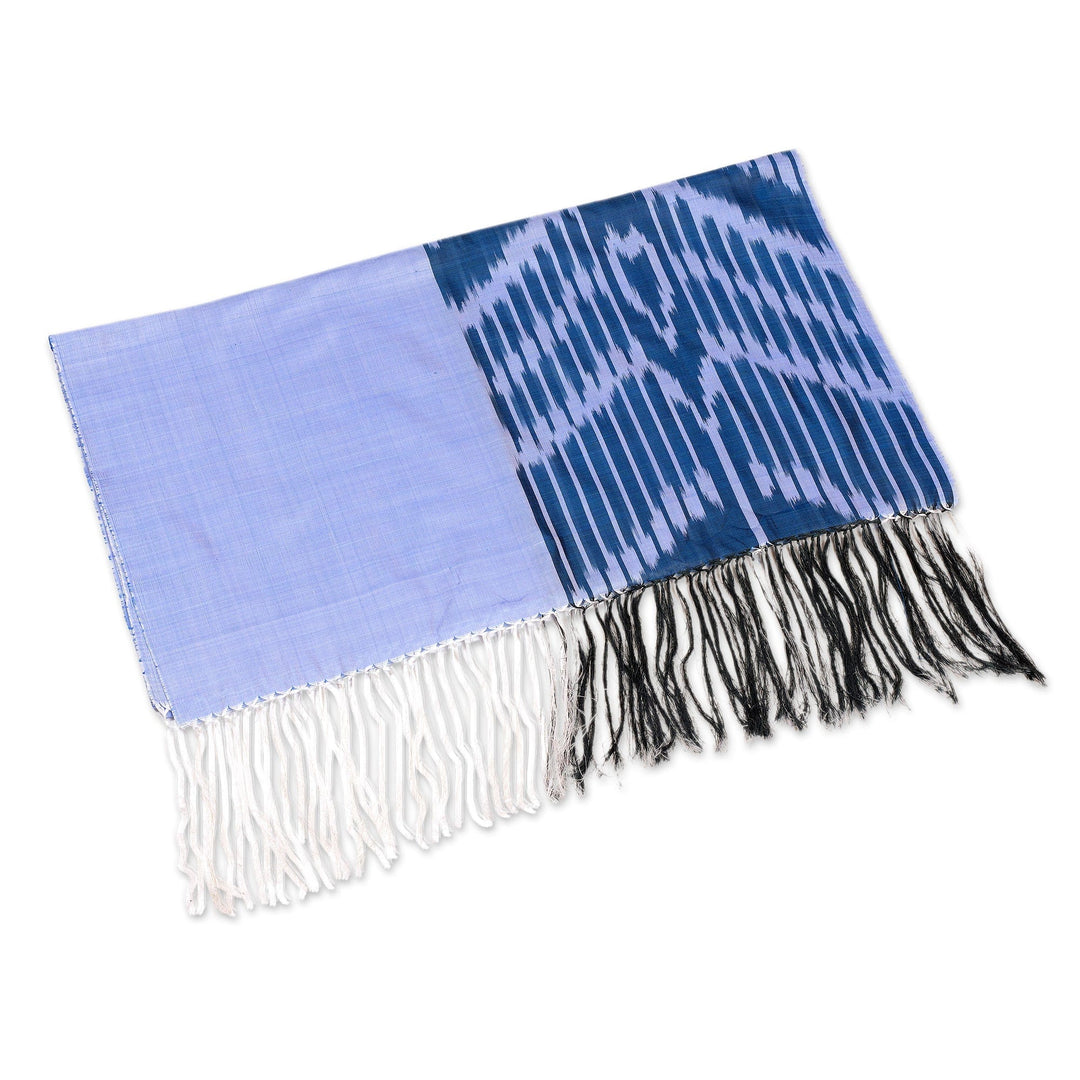 Handwoven Traditional Silk Shawl in a Palette of Blue Hues - Middle Cascade in Blue