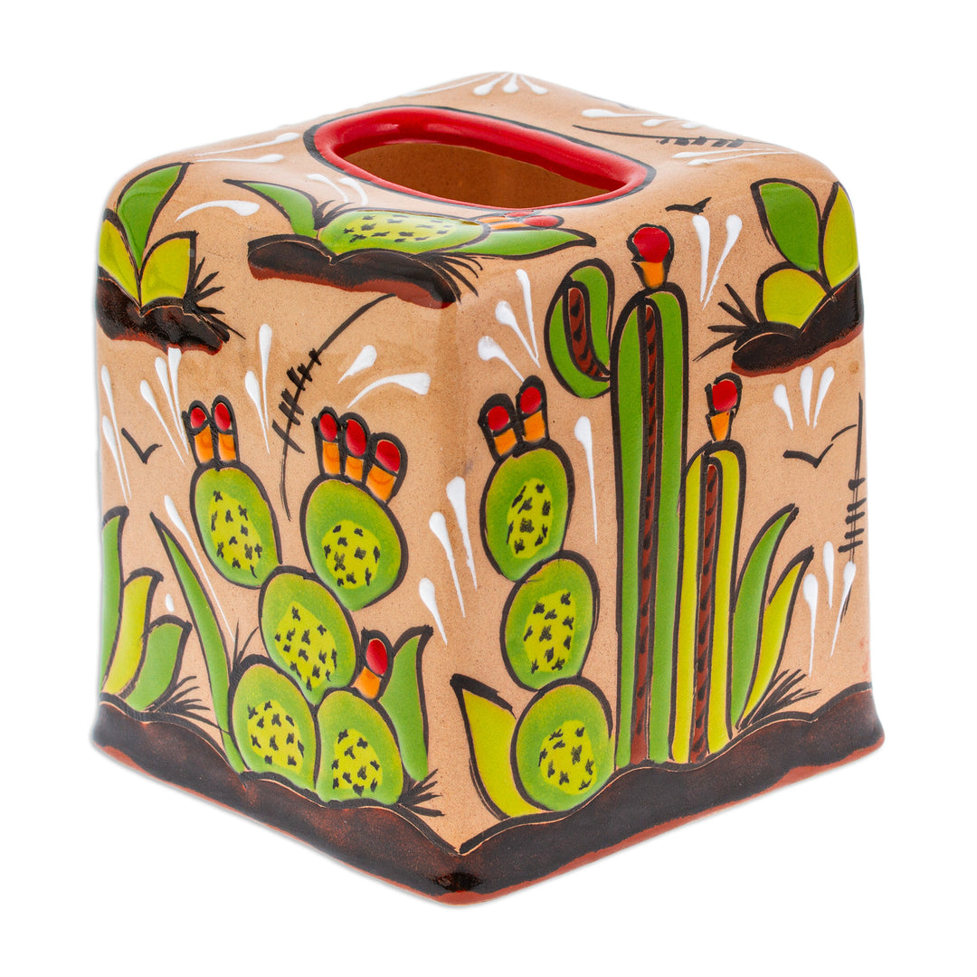 Cactus-Themed Handcrafted Talavera Ceramic Tissue Box Cover - Cactus Convenience