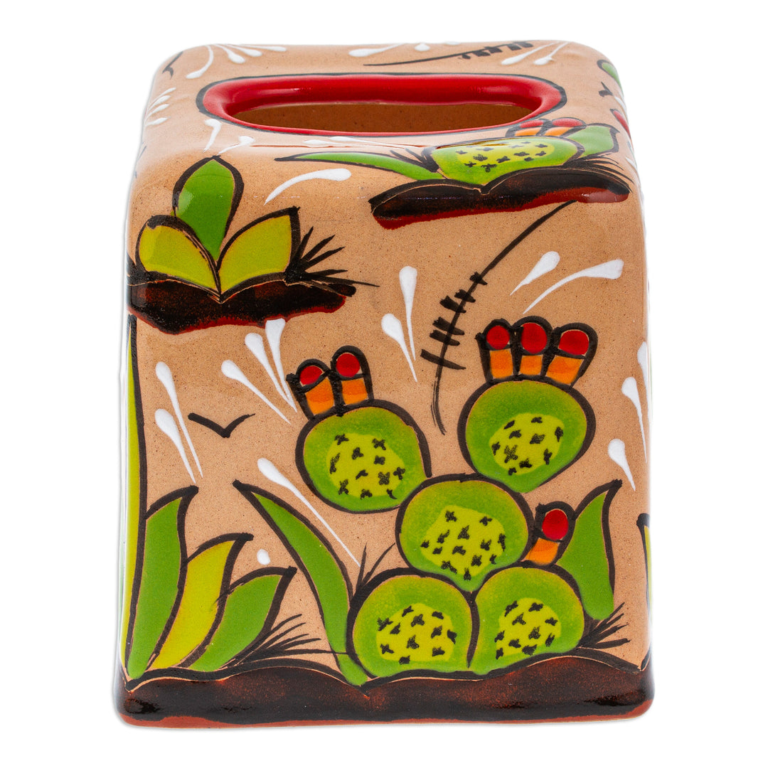 Cactus-Themed Handcrafted Talavera Ceramic Tissue Box Cover - Cactus Convenience