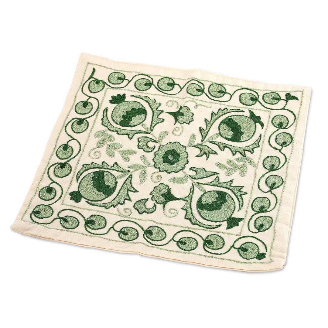 Handmade Embroidered Cotton Green Cushion Cover - Green Abundance