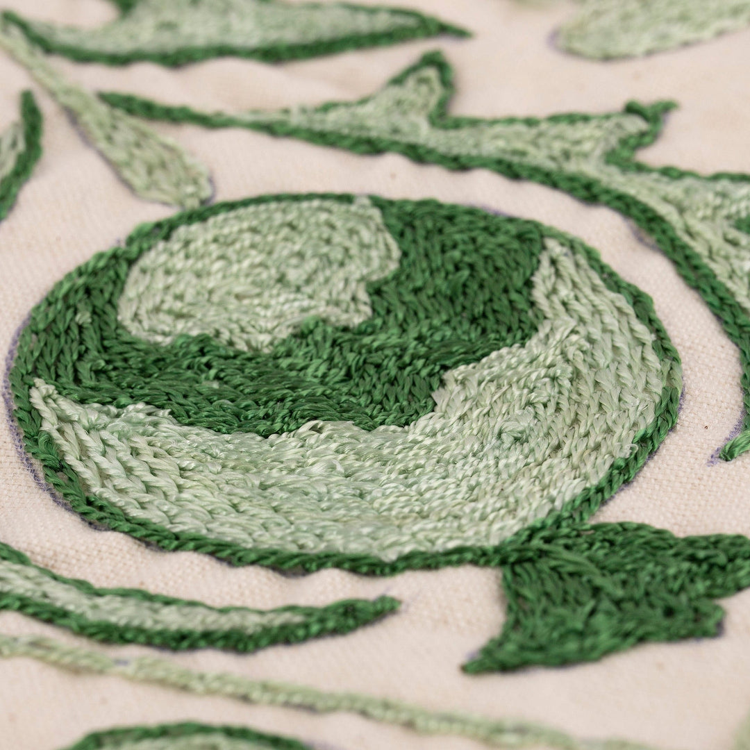Handmade Embroidered Cotton Green Cushion Cover - Green Abundance