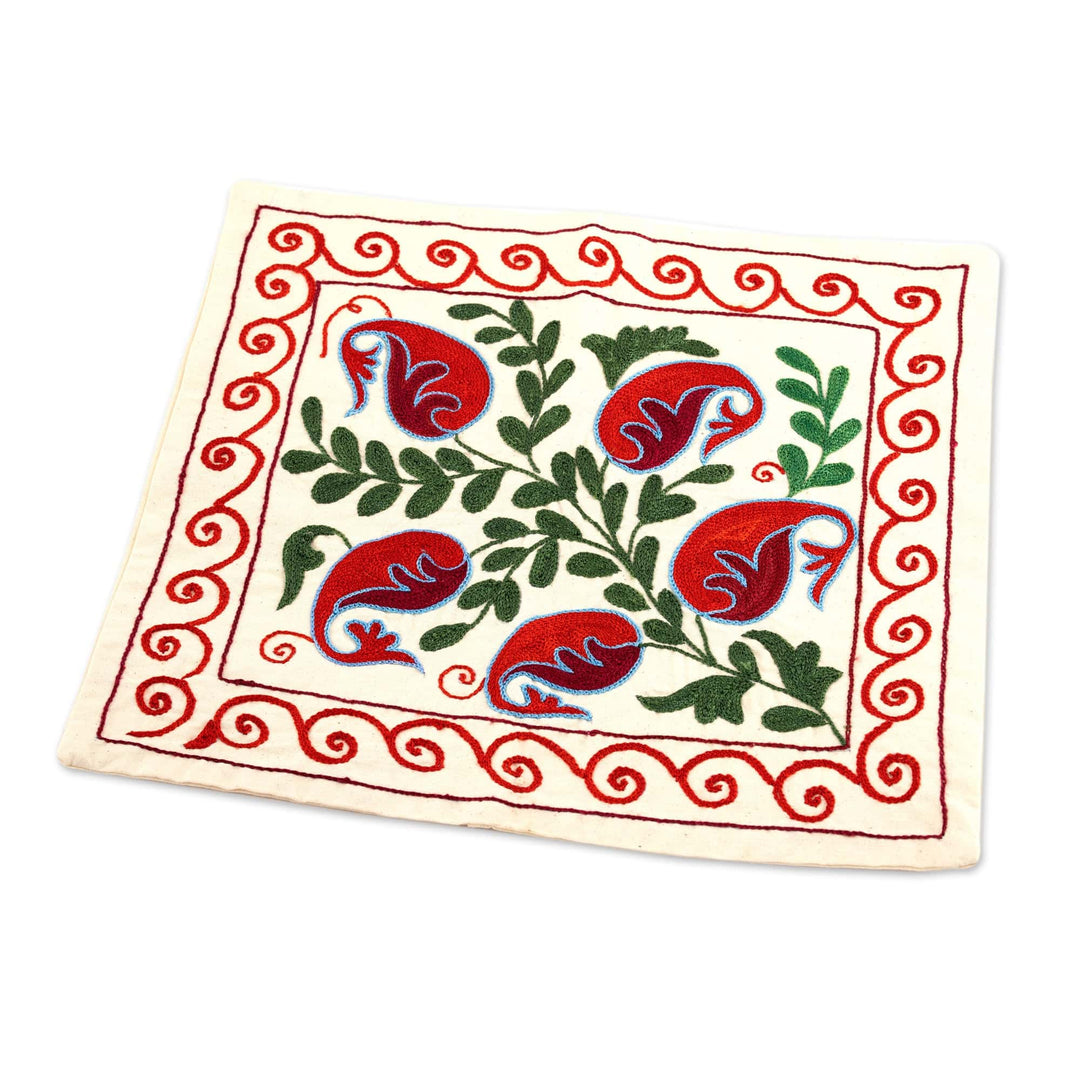 Suzani-Style Pepper-Themed Cotton and Viscose Cushion Cover - Suzani Pepper