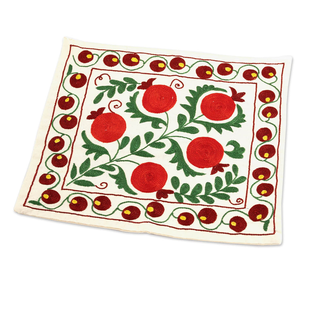 Suzani Pomegranate-Themed Cotton and Viscose Cushion Cover - Suzani Pomegranate