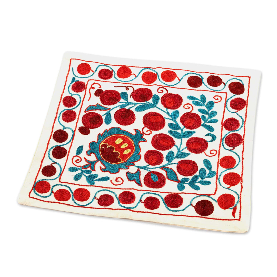 Suzani-Themed Pomegranate Cotton and Viscose Cushion Cover - Fertility Fruits