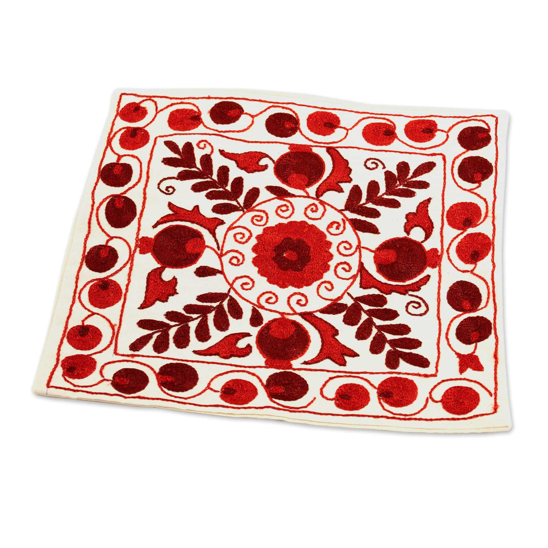 Embroidered Red Pomegranate Cotton and Viscose Cushion Cover - Red Pomegranate
