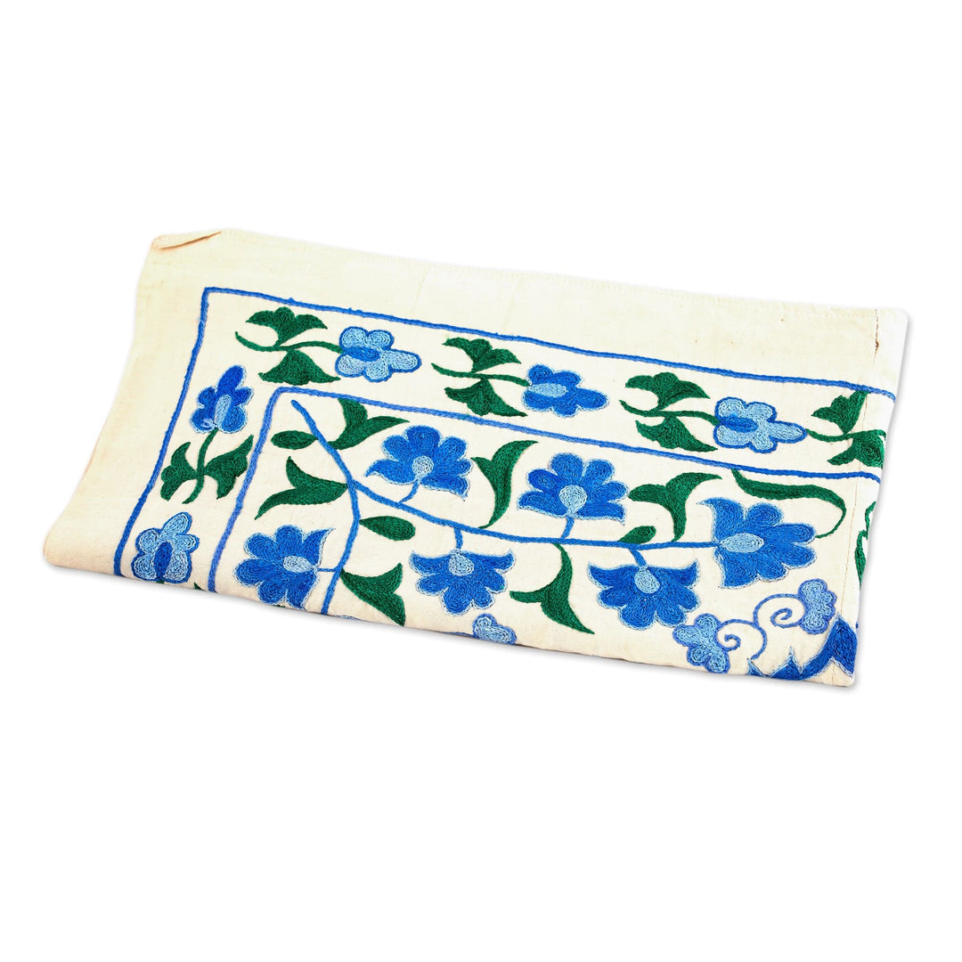 Embroidered Floral Cotton Tablecloth in Blue - Uzbek Flower