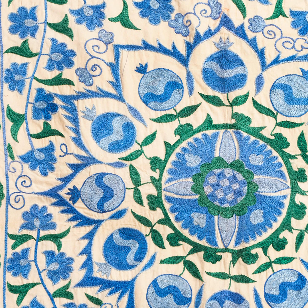 Embroidered Floral Cotton Tablecloth in Blue - Uzbek Flower