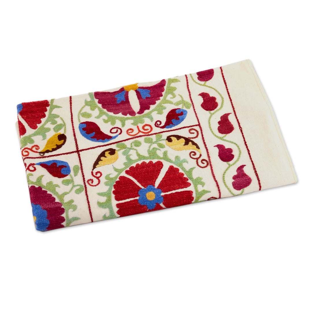 Embroidered Floral Cotton and Silk Tablecloth in Warm Hues - Fertility Garden