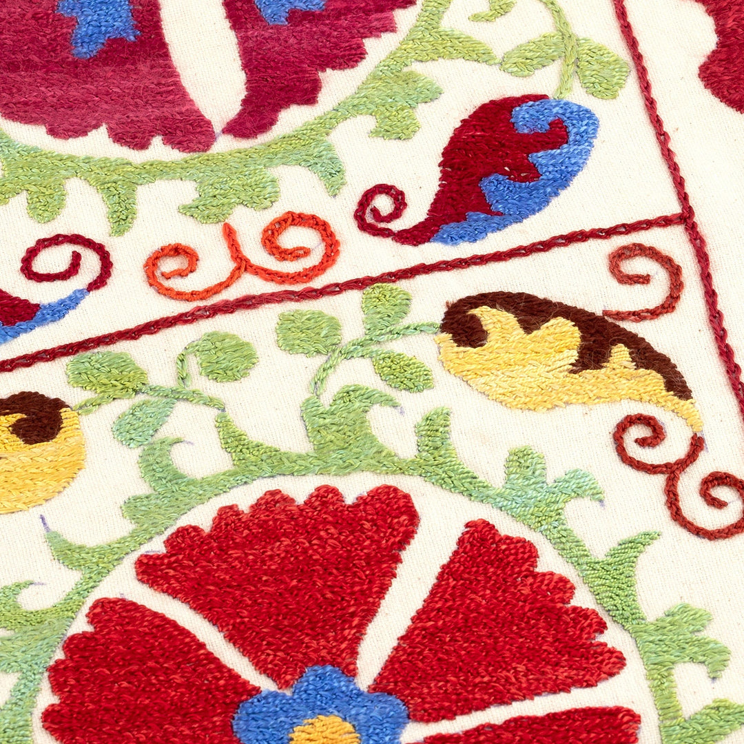 Embroidered Floral Cotton and Silk Tablecloth in Warm Hues - Fertility Garden