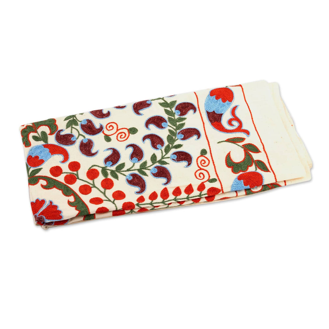 Handcrafted Embroidered Floral Cotton and Silk Tablecloth - Floral Breezes