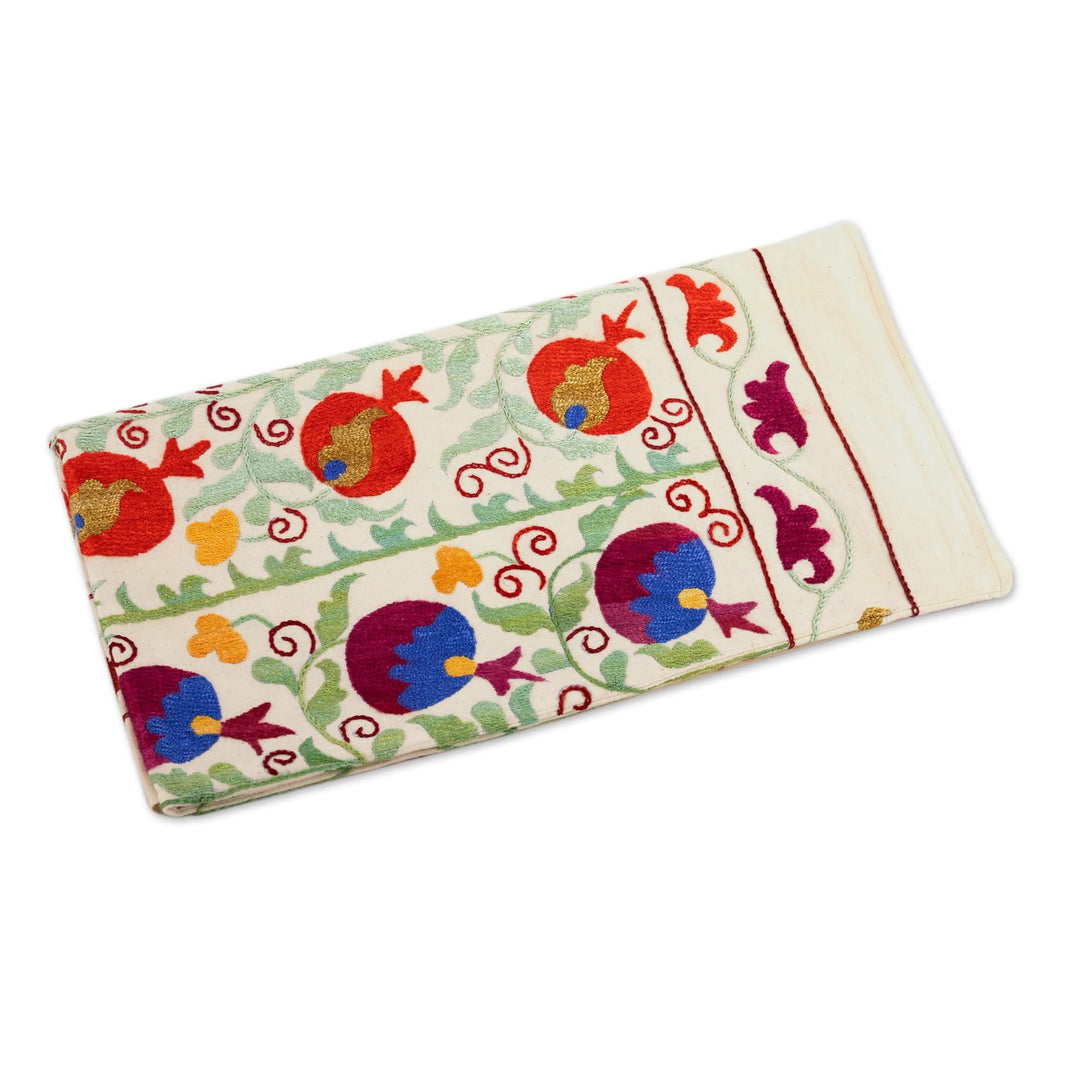 Embroidered Vibrant Pomegranate Cotton and Silk Tablecloth - Pomegranate Harvesting