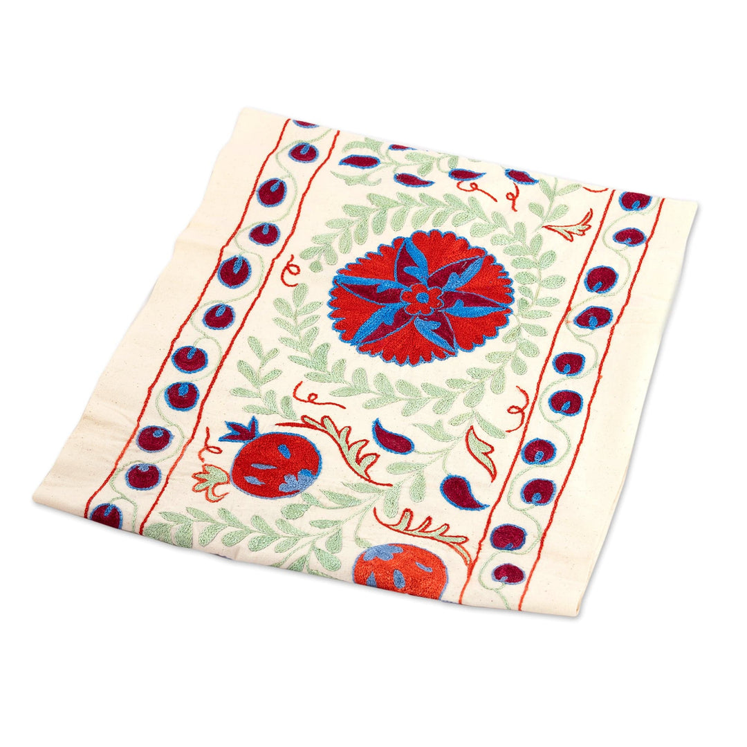 Embroidered Vibrant Pomegranate Cotton and Silk Table Runner - Pomegranate Season
