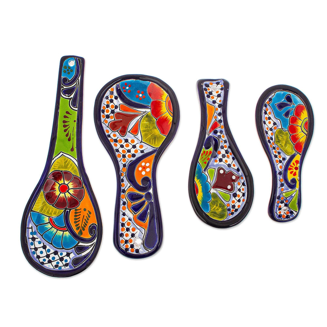 Set of 4 Handcrafted Floral Talavera Ceramic Spoon Rests - Flavors From the Hacienda