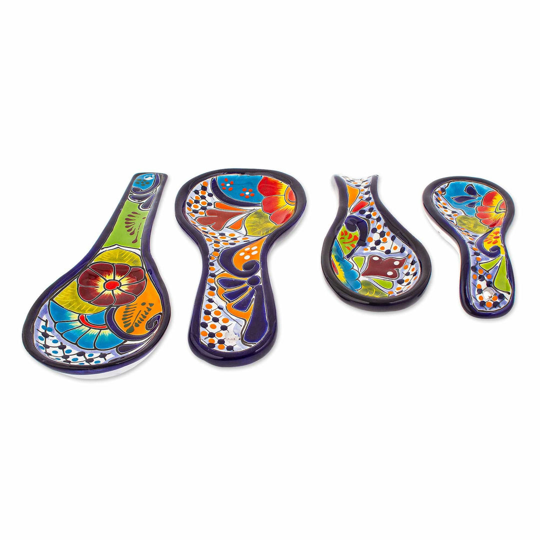 Set of 4 Handcrafted Floral Talavera Ceramic Spoon Rests - Flavors From the Hacienda