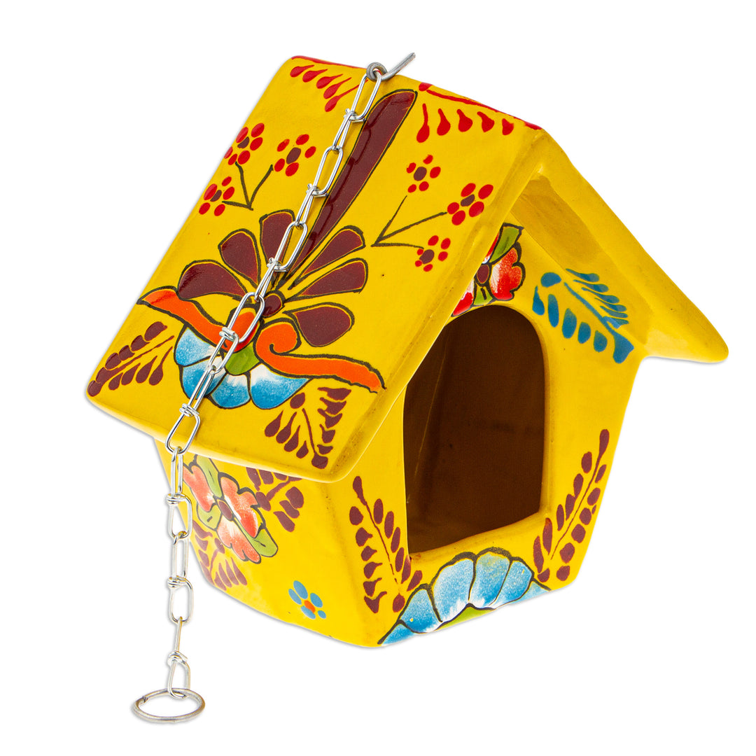 Hand-Painted Talavera Ceramic Bird Feeder in Yellow - Goldenrod Arcadia