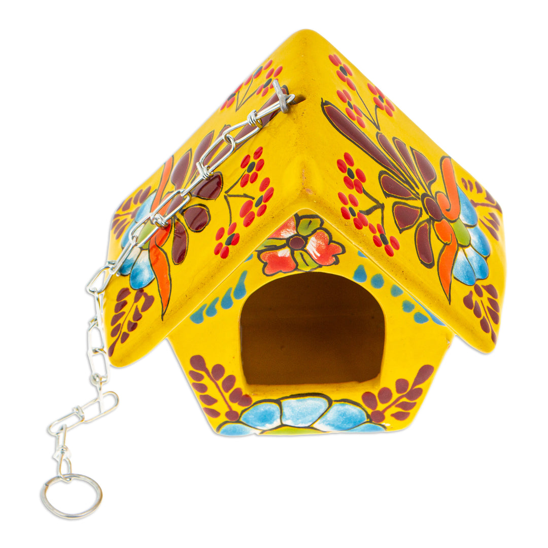 Hand-Painted Talavera Ceramic Bird Feeder in Yellow - Goldenrod Arcadia